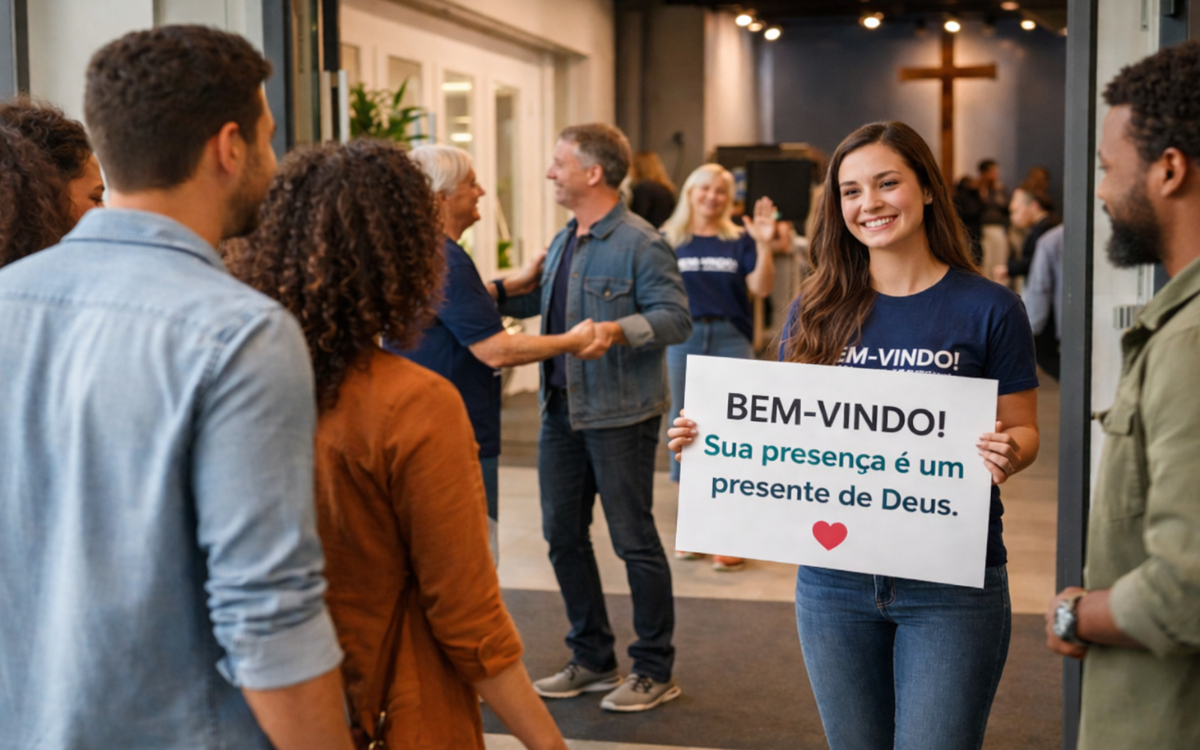 Ministério da Acolhida: como receber visitantes e organizar a saudação inicial 11 sorriso e saudação de boas-vindas na entrada de uma igreja