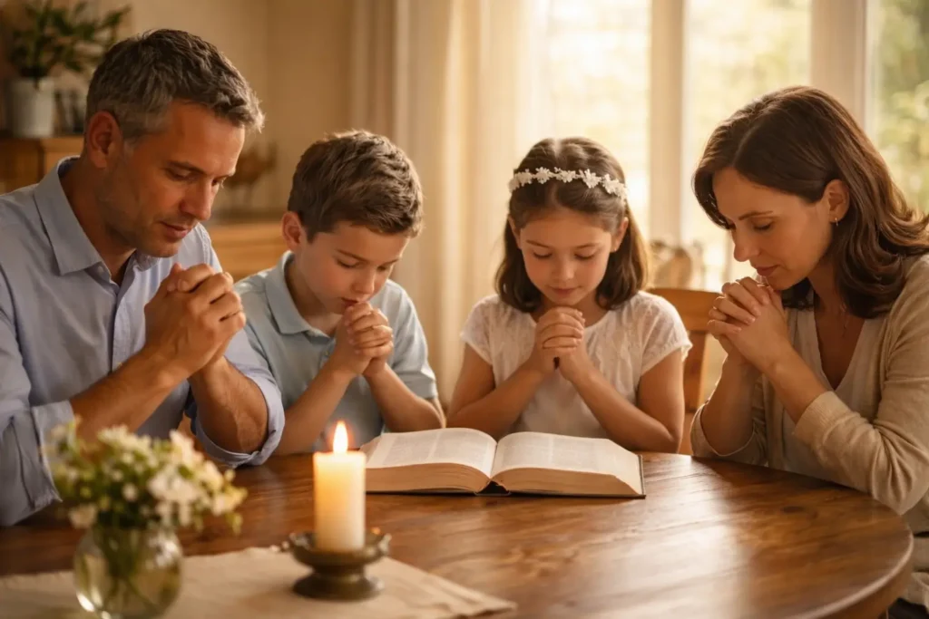 Como explicar a Presença Real de Jesus na Eucaristia para crianças de 7 anos 12 família participando da missa com reverência, criança observando os pais