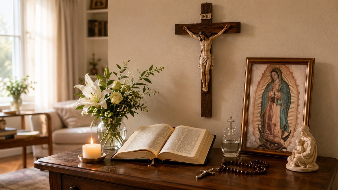 criança católica em oração com os pais diante de um pequeno altar em casa