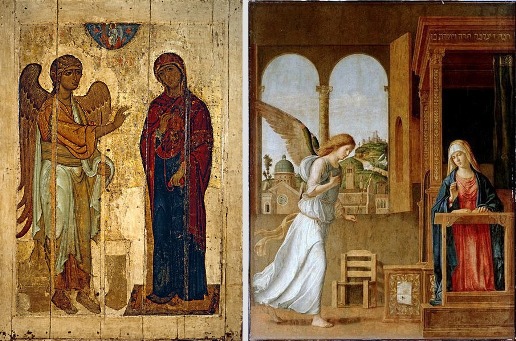 orthodox icons and catholic statue in church