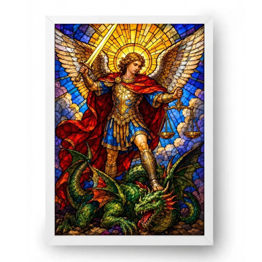 São Miguel Arcanjo com espada e balança, vitral de igreja católica