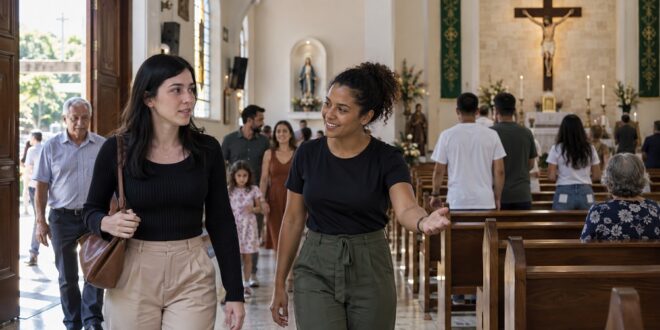 Ministério da Acolhida: como receber visitantes e organizar a saudação inicial 10 equipe de acolhida organizando a entrada da igreja antes da missa