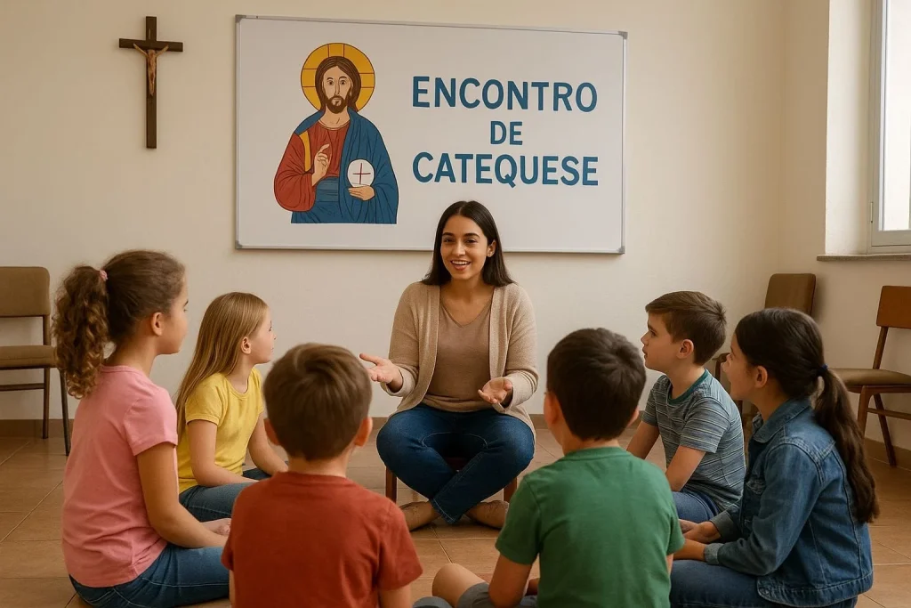 catequista conduzindo encontro de catequese com criancas sala paroquial