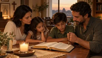Bíblia aberta sobre mesa de casa de família, com terço ao lado