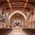 interior of a large modern church with LED sanctuar