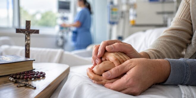 mãos de um doente seguradas por familiares em oração