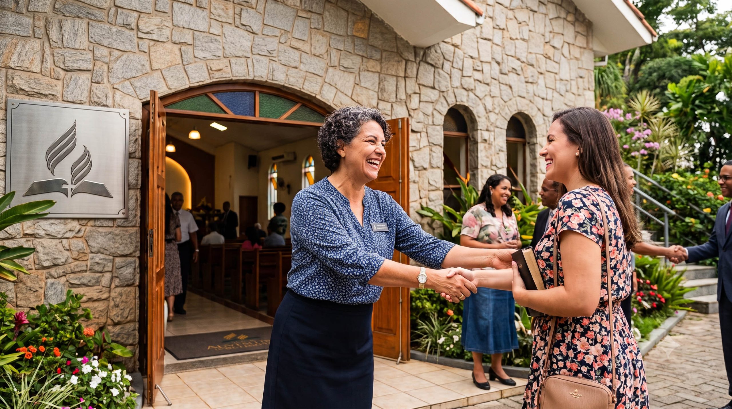 Ministério da Acolhida: como receber visitantes e organizar a saudação inicial 8 voluntários recebendo pessoas na porta de uma igreja