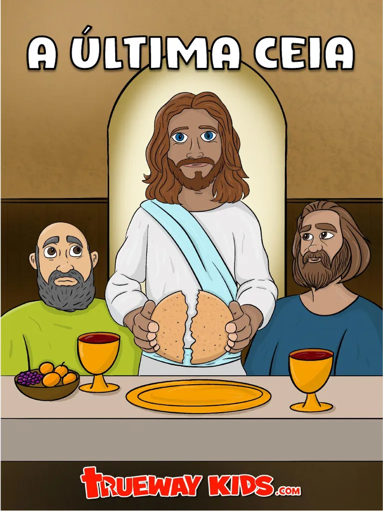 Como explicar a Presença Real de Jesus na Eucaristia para crianças de 7 anos 9 ilustração infantil da Última Ceia com Jesus, pão e cálice sobre a mesa