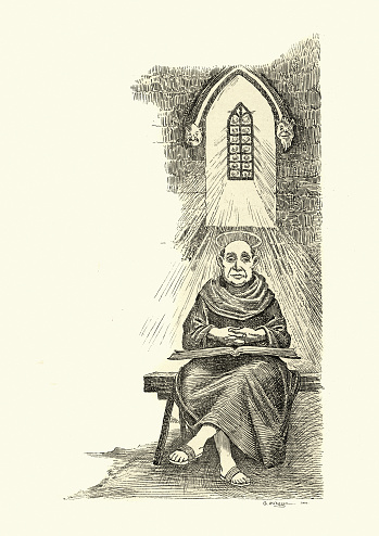 Lectio Divina: guia prática em quatro passos para rezar com a Bíblia 8 monge medieval lendo a Bíblia em um mosteiro, iluminura estilo antigo