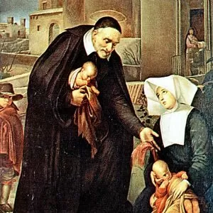 Vicentinos: o que são, origem e missão de servir Cristo nos pobres 8 São Vicente de Paulo acolhendo pobres e camponeses, pintura sacra clássica