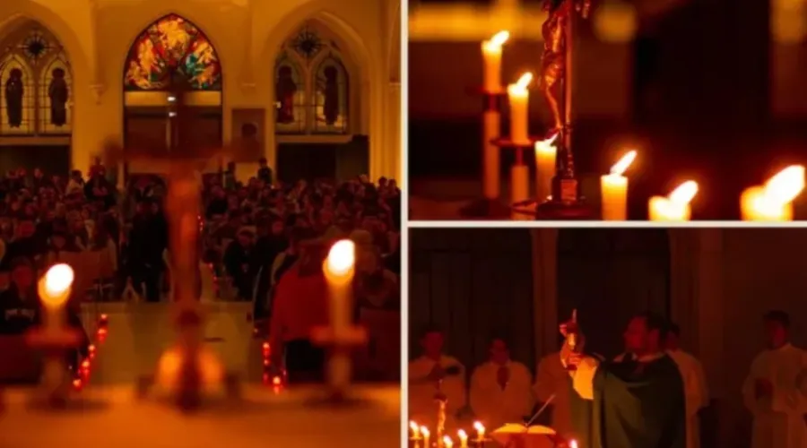 Como rezar pelas almas do Purgatório e o valor das Missas de Sétimo Dia 11 Igreja com fiéis reunidos em celebração fúnebre, luz suave